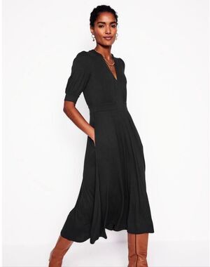 Boden Lily Jersey Midi Tea Dress US 10 NWT Black Puff Sleeve V Neck